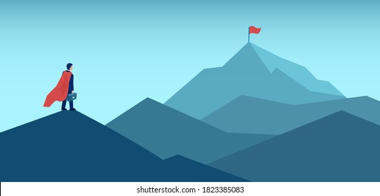 Vector of an ambitious business man looking at the top of the mountain with red flag