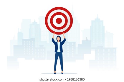 Vector of an ambitious business woman holding a target standing on a cityscape background 