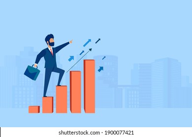 Vector of an ambitious businessman climbing up graph columns on a cityscape background 