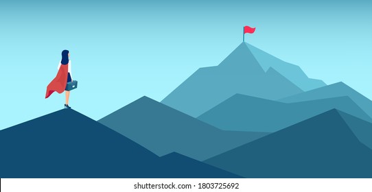 Vector of an ambitious woman looking at the top of the mountain with red flag