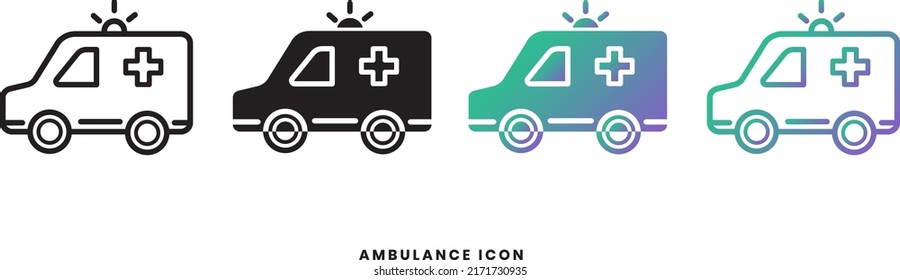 Vector ambulance car icon in solid, gradient and line styles. Trendy colors. Isolated on a white background