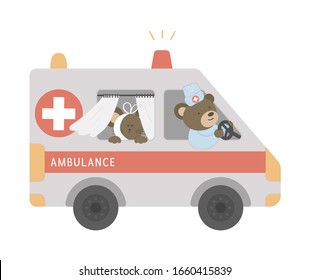 ambulancia vectorial con lindos animales dentro. El médico del oso conduce el camión de emergencia con mal ratón. Graciosa ilustración de transporte médico especial para niños.