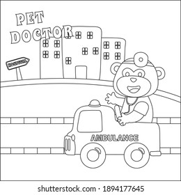 Vector ambulance with cute animals inside. monkey doctor driving emergency car. Cartoon isolated vector illustration, Creative vector Childish design for kids activity colouring book or page.