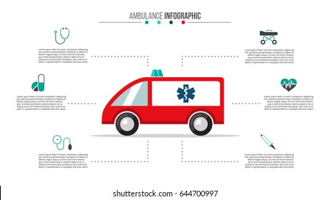 Vector ambulance infographic. Medical and healthcare template for presentation with 6 steps, options, parts or processes.