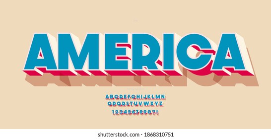 Vector america font 3d color style for decoration, party poster, t shirt, logo, promotion, book, card, sale banner, printing on fabric. Cool font modern typography. Trendy typeface.10 eps