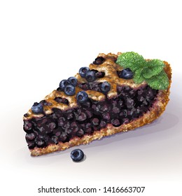 Vector American blueberry pie with crispy crumbly crust and decorative braid on top. Juicy blueberry wet jam, whole berries. Baking soaked from jam. Fresh blueberries and mint on top. Drawn by hand.