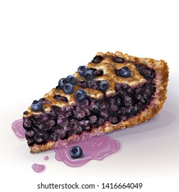 Vector American blueberry pie with crispy crumbly crust and decorative braid on top. Juicy blueberry wet jam, whole berries. Baking soaked from jam. Fresh blueberries on top. Drawn by hand, realistic.