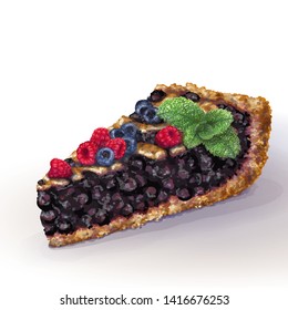 Vector American blueberry pie with crispy crumbly crust and decorative braid on top. Juicy blaeberry jam, whole berries. Fresh blueberries, raspberries and mint on top. Drawn by hand, realistic style