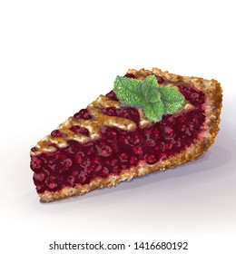 Vector American blueberry pie with crispy crumbly crust and decorative braid on top. Juicy blaeberry juicy jam, whole berries. Fresh sprig og mint on top. Drawn by hand, realistic style. Izolated 