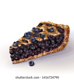 Vector American blueberry pie with crispy crumbly crust and decorative braid on top. Juicy blueberry wet jam, whole berries. Baking soaked from jam. Fresh blueberries on top. Drawn by hand, realistic.