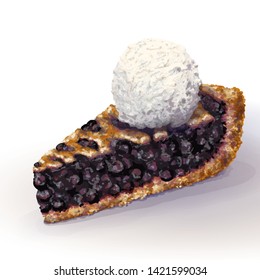 Vector American blueberry pie a la mode with crispy crumbly crust and decorative braid on top. Juicy blaeberry juicy jam, whole berries. Ice cream on top. Drawn by hand, realistic style. Izolated 