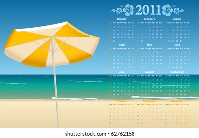 Calendario vectorial americano 2011 con playa tropical, a partir de los domingos