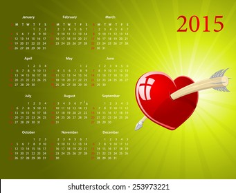 Vector American calendar 2015 with glossy heart for Valentines Day, starting from Sundays