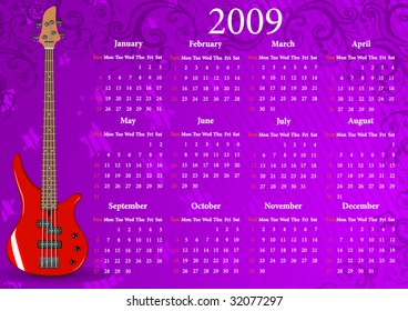 Vector American calendar with guitar, starting from Sundays