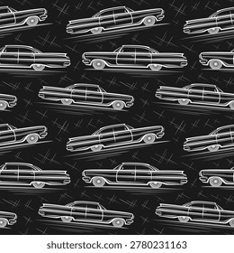 Vector American Car seamless pattern, automotive background with illustration of white old timer sedan car in motion, dark hand drawn square placard with moving american luxury concept car at night