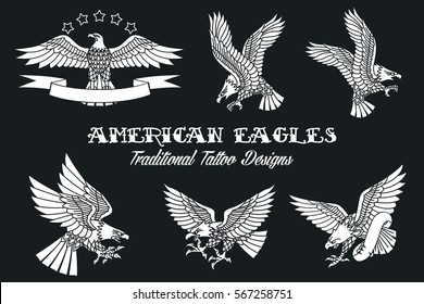 Vector American Eagles Set Traditional Tattoo Designs Vintage Collection
