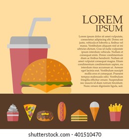 Vector american fast food concept with cartoon flat objects: fried potato, hot dog, soda, hamburger, sandwich for your design. American cuisine concept. Junk unhealthy food. Banner or card design