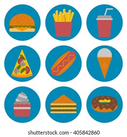 Vector american fast food concept with cartoon flat objects: fried potato, hot dog, soda, hamburger, sandwich for your design. American cuisine concept. Junk unhealthy food. Vector fast food icons