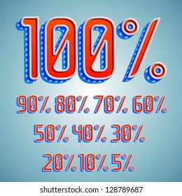 vector american flag 3d font Percents templates for sale 100%, 90%, 80%, 70%, 60%,  50%, 40%, 30%, 20%, 10%