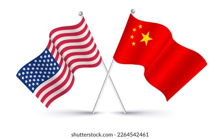 Vector American flag and Chinese flag. Vintage flag of USA and flag of China.