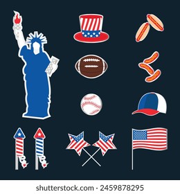 Vector American flag collection. American symbols, elements, signs. Independence day