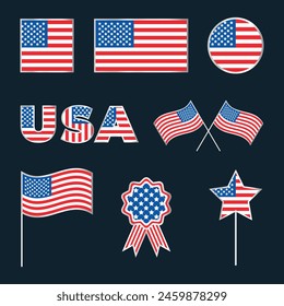 Vektorgrafik Amerikanische Flagge Kollektion. Amerikanische Symbole, Elemente, Schilder. Unabhängigkeitstag. Volkstrauertag