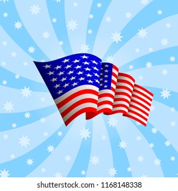 Vector American Flag Icon on Blue Starry Background. Waving Icon of United States of America. Symbol of USA.