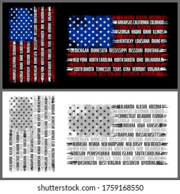Vector American Flag, with Typography List of 50 States America, available on colors and black white/ grayscale. available in Vertical and Horizontal design.