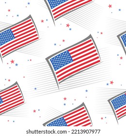 Vector American Flags seamless pattern, square repeating background with illustrations of waving american flags, flat lay stars on white background, red and blue wrapping paper for american holidays