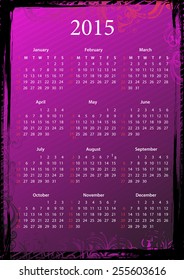 Vector American floral pink and black grungy calendar 2015, starting from Sundays