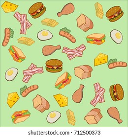 Vector of american food and breakfast in cartoon style for background or wallpaper. Group of fried egg, sausage, burger, bread, bacon, butter, cheese, sandwich, fried chicken for background