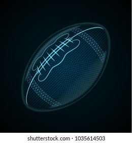 Vector American Football ball made of illuminated shapes. Illustration consisting glowing lines, points and polygons in the form of a ball the sport of Rugby. Abstract 3D neon wireframe concept.