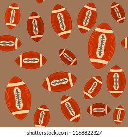 Vector American Football Ball Seamless Pattern Isolated on Brown Background. Rugby Sport Icon. Sports Equipment Oval Design Element.