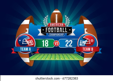Vector of American football championship with team competition and scoreboard on green field background.