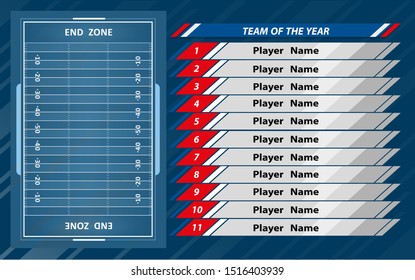 Vector of American football infographic elements on green field background.