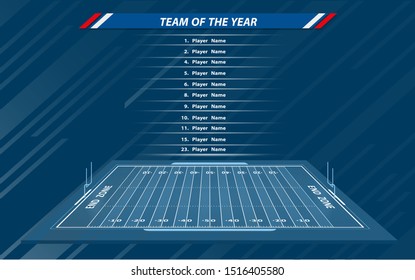 Vector of American football infographic elements on green field background.