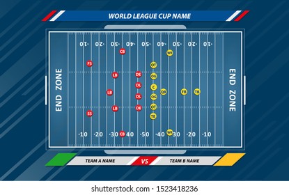 Vector of American football infographic elements on green field background.