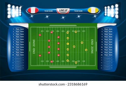 Vector of American football infographic elements on green field background.