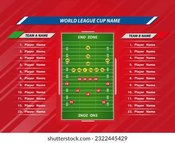 Vector of American football infographic elements on green field background.