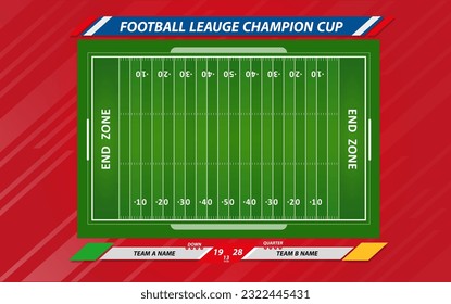 Vector of American football infographic elements on green field background.