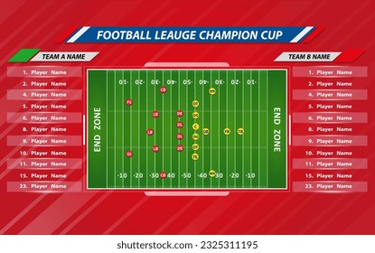 Vector of American football infographic elements on green field background.