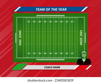 Vector of American football infographic elements on green field background.