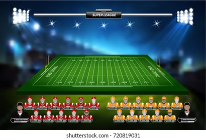 Vector of American football infographic elements on green field background.