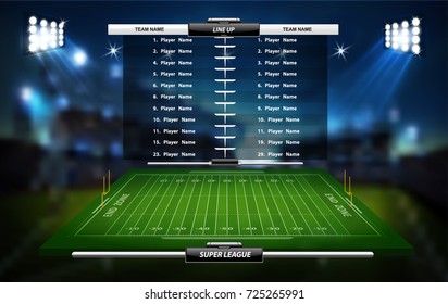 Vector of American football infographic elements on green field background.