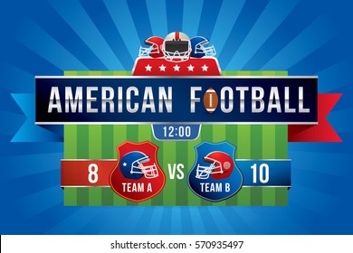 Vector of American football team with scoreboard on green field background.