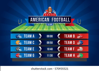 Vector of American football team with scoreboard on green field background.