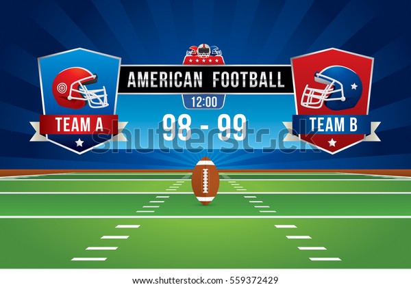 Vector of American football team with\
scoreboard on green field\
background.