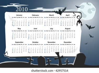 Vector American Halloween calendar with cemetery, full moon and bats (starting from Sundays)