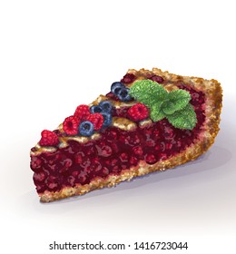 Vector American lingonberry pie with crispy crumbly crust and decorative braid on top. Juicy lingonberry jam, whole berries. Fresh blueberries, raspberries and mint on top. Drawn by hand, realistic.