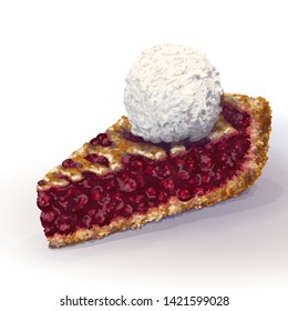 Vector American lingonberry pie a la mode with crispy crumbly crust and decorative braid on top. Juicy blaeberry juicy jam, whole berries. Ice cream on top. Drawn by hand, realistic style. Isolated.